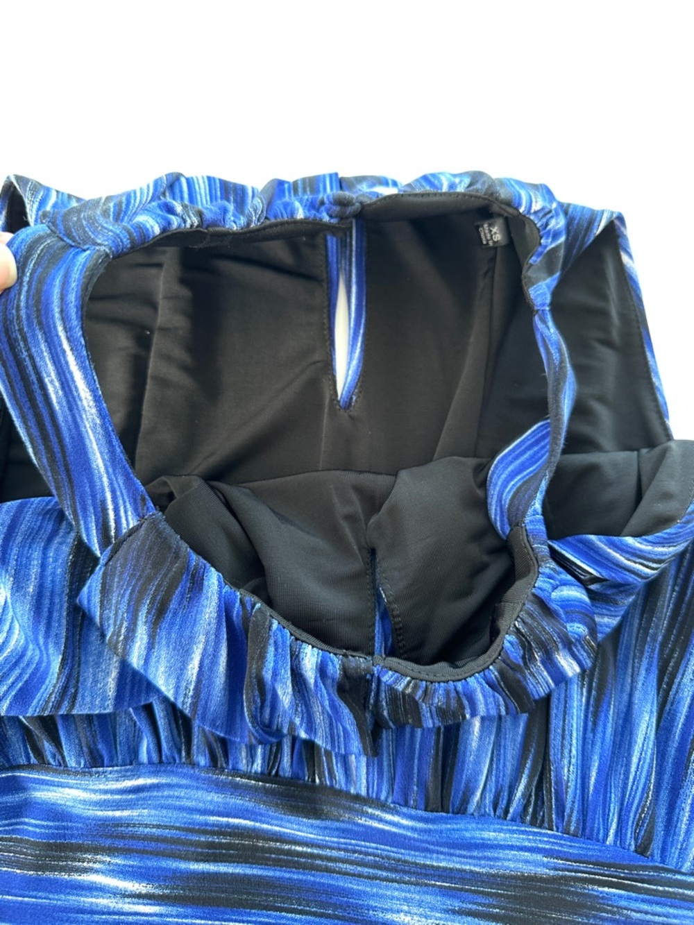 Saks Fifth Avenue “Black” Blue & Black Striped Halter Dress, Maxi, Stretch Knit - Picture 12 of 13